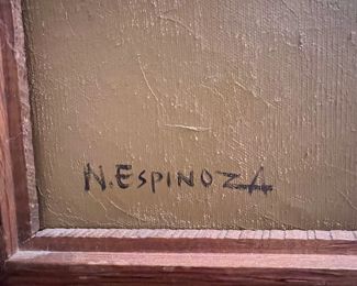 Original oil painting on canvas by Mexican artist Noel
Espinoza. Estimate at 1960s early 70s. Canvas size is 27"×
33".