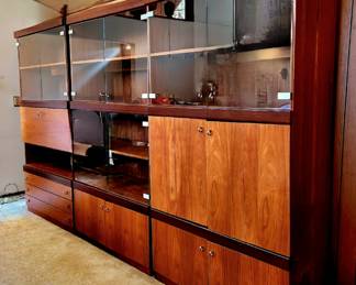 3-pc Teak Wall System with Drop-Front Bar, TV Cabinet and Lighted Display Cases $1,495 or bid #30
DELIVERY is INCLUDED with full price purchase!