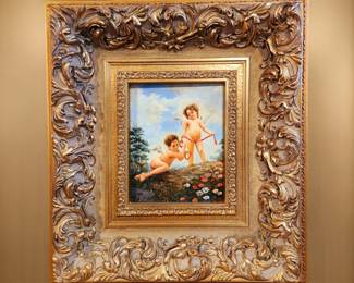 Antique Cherub painting, oil onboard in gilded frame $395 or bid #102