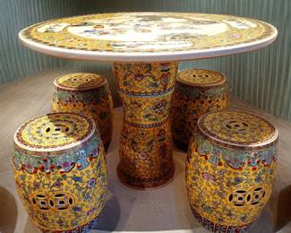 Chinese Porcelain Garden Patio Table and 4 Stools $850 or bid #52