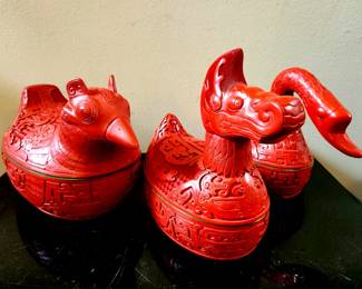 Vintage Chinese Cinnabar Swan Box $169 or bid #138, Vintage Chinese Cinnabar Dragon Box $175 or bid #139, and Vintage Chinese Cinnabar Bird Box $215 or bid #140