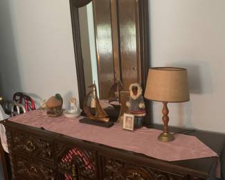 Vintage bedroom set with red accents.
Mirrored dresser.
Available for presale.