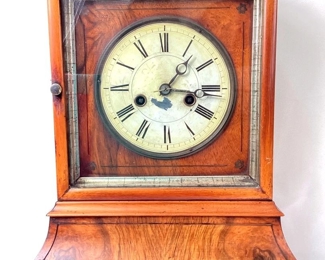 DONLAR916 Rare Antique American Mantel Clock: Very rare, Late 1700 solid burl wood cabinet mantel clock with hourly gong strike, brass mechanism, & key.  Works - see video.  A better fitting key might be needed.
