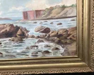 DONLAR920 Circa 1900 Oil On Canvas Painting: Scene depicting Eastern Canada or U.S.  Original frame measures approximately 43 inches wide x 34 inches tall.  Original owner was a traveling concert pianist.

