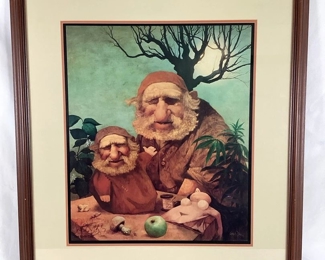 JIFI102 Charles Bragg Print Sixth Day: This is a large wood framed signed print by Charles Bragg, titled 'Sixth Day'. It features a portrait of God creating man in his own image. The little man on the table could be interpreted as being Adam, while an unfinished Eve is lying flat on the table next to a spool of thread and a needle. A cannabis plant can also be seen to the right of God, and perhaps&nbsp;the apple on the table represents the forbidden fruit.&nbsp;
