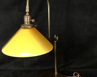 JIFI107 Leviton Handblown Glass Brass Lamp: This is a vintage Leviton brass lamp with a handblown yellow-orange glass lamp shade.&nbsp;
