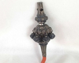 JIFI110 Antique Silver Coral Baby Pacifier Rattle: This is an antique, late Georgian to early Victorian era, English baby rattle with whistle. It is crafted from silver, and has orange coral at the end for teething. It is decorated with ornate floral repousse
