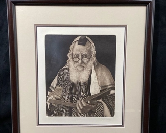 JIFI115 Rabbi A Signed Print By Charles Bragg: This is a limited edition, signed and numbered framed lithograph by renown American artist, Charles 'Chick' Bragg (1931-2017), titled&nbsp;Rabbi. The black & white print is numbered 58/100, and was professionally framed by Creations In Framing, based out of Bellevue, Washington.
