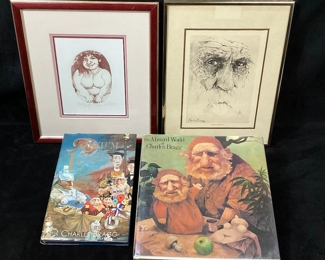 JIFI116 Charles Bragg Etching Duo And Autographed Books: This lot includes two etchings by the renown American artist, Charles 'Chick' Bragg (1931-2017), and two autographed Charles Bragg art books. The first signed etching of the woman is titled&nbsp;Flora,&nbsp;and the second etching is titled&nbsp;Soloman. The signed art books include a 1983 reprint of Asylum Earth, as well as a 1st edition copy of The Absurd World of Charles Bragg.
