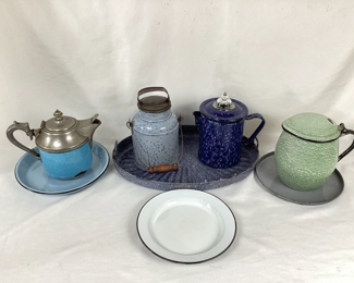 JIFI119 Granite Enamelware Assortment: This is an assortment of vintage and antique granite enamel ware. Includes 2 coffee pots, a water pot, a milk can, 3 assorted plates, and 1 platter. Some of the pieces need cleaning
