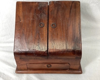 JIFI121 Vintage Handmade Desktop Secretary: This is a vintage handmade desktop secretary, often used by notaries and such for easy organization. It's has a primitive style, and the solid wood looks like it could be mahogany.&nbsp;
