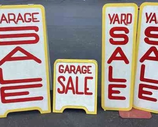 JIFI124 Handmade Garage Sale Signs: Four handmade yellow, red, and white garage sale advertisement signs. Includes 1 large folding garage sale sign, 1 smaller folding garage sale sign, and 2 flat yard sale signs.
