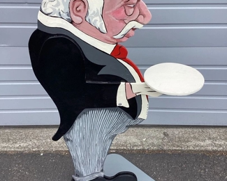 JIFI125 Handmade Butler Tray Sign: This is a large handmade wood butler sign. It features a well dressed butler holding a useable tray. Perfect for in front or in the entryway of a business or restaurant.
