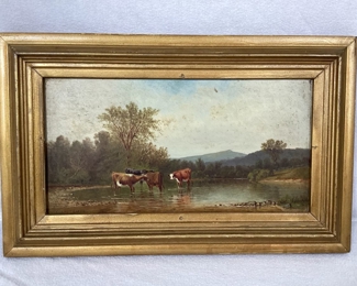 JIFI128 Antique Clinton Loveridge Original Painting: This is an antique Clinton Loveridge (1838-1915) original painting, featuring a rural American pastoral landscape with cows standing in the shallow waters of a pond.&nbsp;
