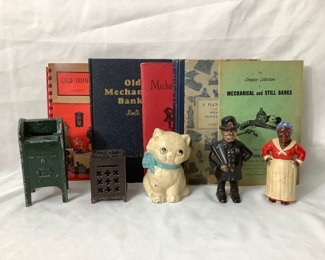 JIFI206 Iron Still Coin Bank Collection Books: Five Reference Mechanical and Still Bank books, all are from different authors.

