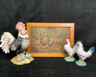 JIFI207 Vintage Antique Oil Painting Ceramic Roosters: -Vintage/Antique Oil Painting, signed but to faint to tell by who. Maple wood frame, rustic painting, some warping.
