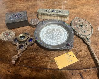 Antique Austrian Filigree Jeweled Cosmetic Set