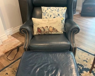 Blue Leather Brass Button Accents Lazy Boy Recliner and Matching Leather Ottoman Feet Rest