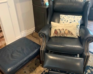 Leather Blue Recliner and Leather Matching Ottoman