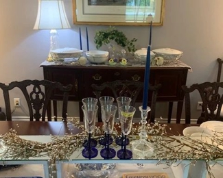 Gorgeous 8 Chair 2 leaves Dining Table One of a Kind Table Accessories. Behind Equisite Buffet Table with felt inserts