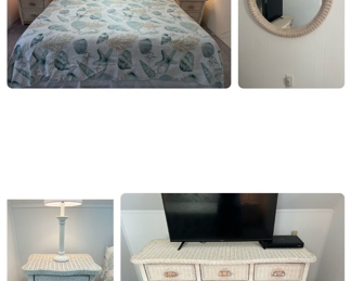 4 pc wicker set  $250
2 end tables  22”w x 22” h x17”deep
Dresser 57”w X  29”h X 20” deep 
Mirror 36”
King mattress available 