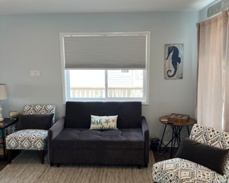 Grey sofa opens up to full size bed. 
58”wide x34”deep when closed 
$100
2 printed chairs, $100 pair
Round table $35