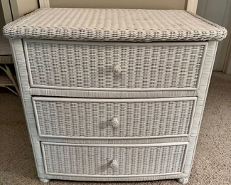 WHITE WICKER FURNITURE INCLUDING THIS 3 DRAWER NIGHTSTAND