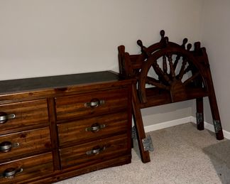 SHIPS AHOY SHIPS WHEEL TWIN HEADBOARDS AND SLATE TOP DRESSERS