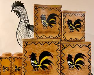 VINTAGE WOODEN ROOSTER KITCHEN CANISTER SET AND SALT & PEPPER