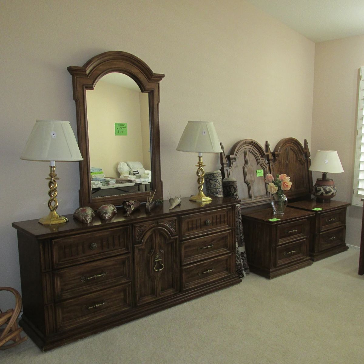 Queen Headboard, 2 Matching Night Stands and Long Dresser w/Mirror