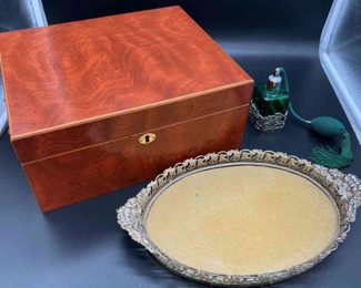 Jewelry Box, Vanity Tray And Vintage Emerald Green Glass Perfume Bottle