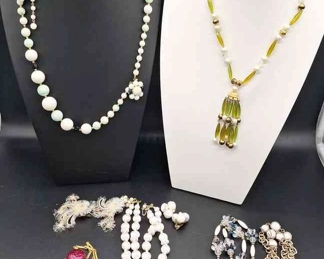 Vintage Pearl And Rhinestone Necklaces With Earrings