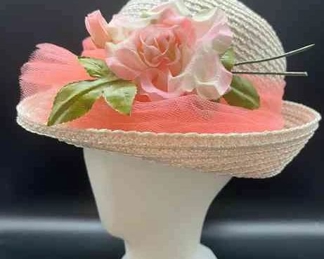 Womens Straw Hat with Peach Colored Netting and Flower