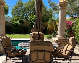 Patio Dining Set Round w 4 Chairs, Umbrella w Stand