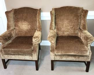pair wingback chairs w solid mahogany stretchers