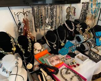 Beautiful custom jewelry, Judith Jasen Brutalist jewelry, Ralph Lauren, many Italian original Murano glass starfish necklaces, vintage watches, and more as we organize.
