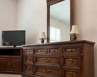 TV Stand, TV, Thomasville Dresser w Mirror, Highboy and Bed Frame, Brass Accent Lamps pr