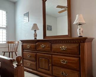 Bassett Dresser w Mirror, Bed Frame, Vintage Cochrane Nightstand 1, Accent Lamps pr