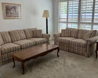 Vintage Drexel Sofa, Loveseat, Coffee Table, End Tables pr, Floor Lamp, Table Lamps pr, Art