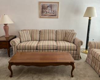 Vintage Drexel Sofa, Loveseat, Coffee Table, End Tables pr, Floor Lamp, Table Lamps pr, Art