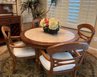 Wine Bar, Art, Faux Tree, Area Rug Patina 9' Round, Dining Table w 4 Chairs, Floral