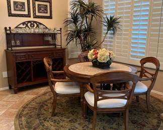Wine Bar, Art, Faux Tree, Area Rug Patina 9' Round, Dining Table w 4 Chairs, Floral