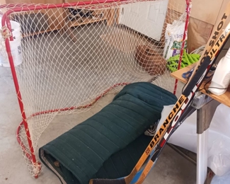 Hockey sticks and goalie net right handed