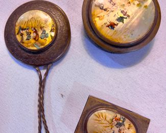 Antique Syrian Silver hand painted mirror, compact and match box cover