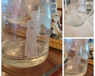 Vintage Bar Set  - Greek/Roman Warrior - Two bottles with stoppers, pitcher, large ashtry, paperweight, 9 small glass, two larger glasses and one mug.  All priced together.