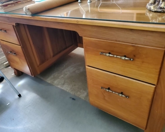 Clean desk!  Light in color, covered with a glass top!
