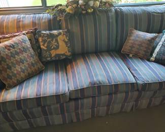 Blue-Striped Sofa with Two Pillows