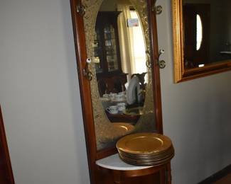 Beautiful Antique Hall Tree with lovely Gold etched Mirror and Marble Top nice Chargers sit atop
