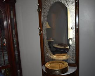 Beautiful Antique Hall Tree with lovely Gold etched Mirror and Marble Top nice Chargers sit atop
