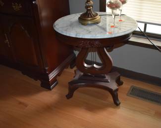 Gorgeous Vintage  Marble Topped Scalloped Edge Console/Entry Table with Beautifully Designed Lyre Base. This is part of a set of 5 Lyre Based Marble Top Tables. Set includes 2 Oval Lamp Tables, 1 Rectangular Night Stand and 1 Oval Coffee Table. 
